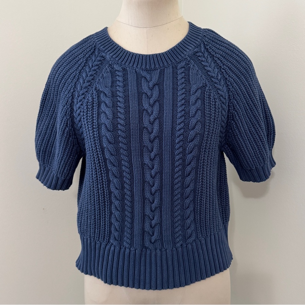 Express Small Blue Cable Knit Short Sleeve Sweater Top ~ Preppy Classic‎ Cropped